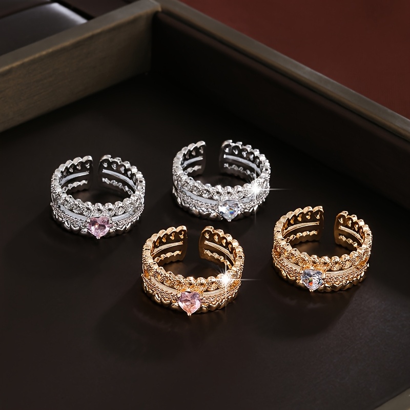 Boho Heart Open Ring CZ Golden Plated Adjustable Mother's Gift